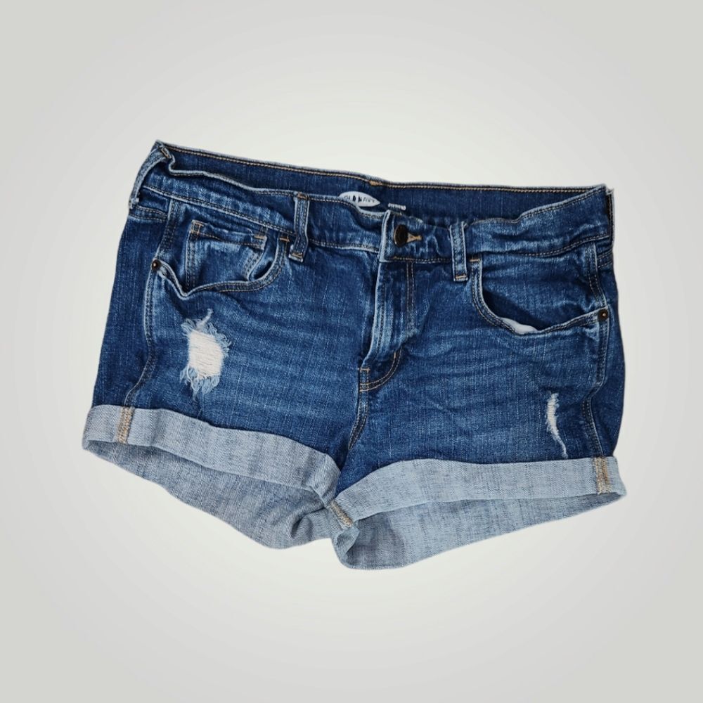 Old Navy Womens Medium Wash Cuffed Denim Boyfriend Shorts Distressed 4